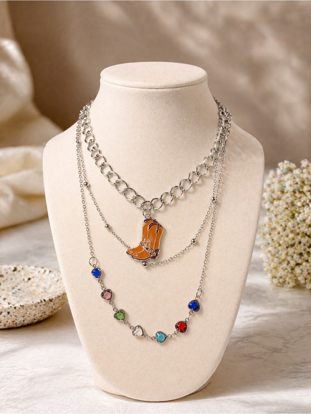 Western Cowboy Boot Charm Layered Necklace Silver Tone Multicolor Heart Gem